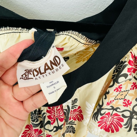 Vintage Island Attitudes Cream Ruched Hibiscus Floral Tan Midi MuuMuu - Picture 5 of 9